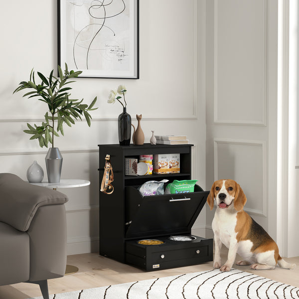 Black food storage cabinet with elevated bowls
