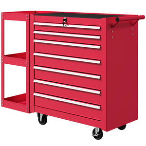 Mobile steel tool chest with 7 lockable drawers and side shelf, red