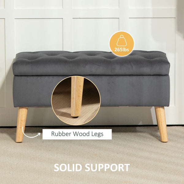 Storage ottoman with velvet upholstered lid and wooden legs, anthracite grey