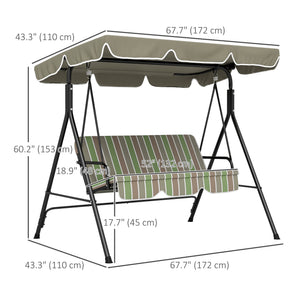 3-Seater Outdoor Porch Swing with Adjustable Canopy, Patio Swing Chair for Garden, Poolside, Backyard, Green and Brown