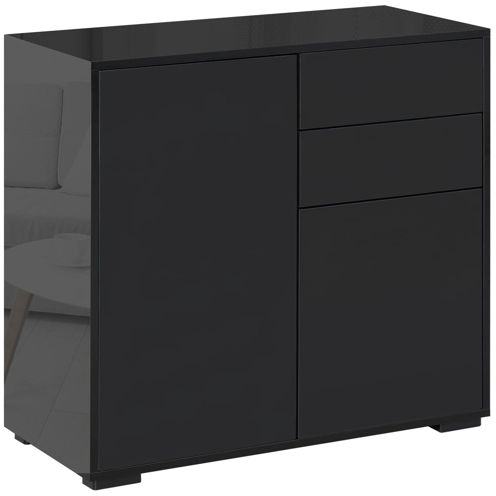 Glossy lacquered sideboard with 2 drawers, 2 doors and an adjustable shelf, push-to-open, black