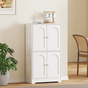 Modern, freestanding storage unit with 4 arched doors and 2 adjustable shelves, white