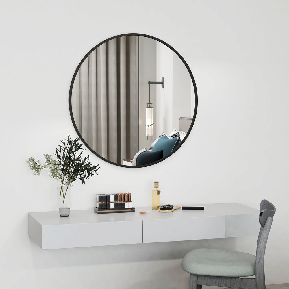 Round mirror with decorative metal frame, black