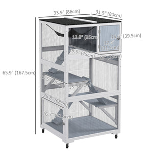 Cat enclosure on wheels with hammock and several resting platforms, grey