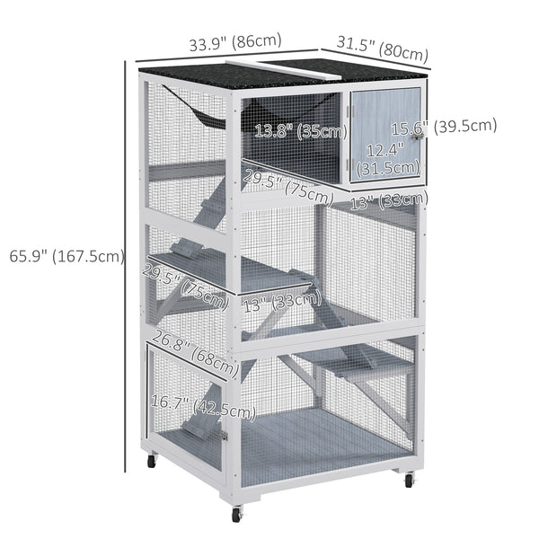 Cat enclosure on wheels with hammock and several resting platforms, grey