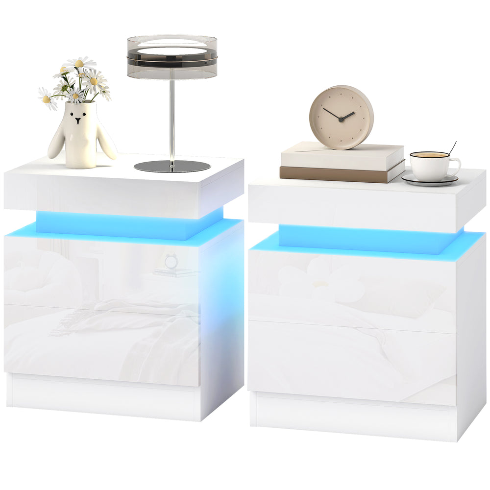 Set of 2 bedside tables with RGB LED lighting, Bluetooth control and 2 drawers – White