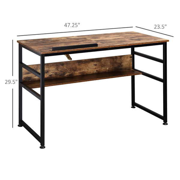 Adjustable Drafting Table with Tilting Top and Storage Shelf, Rustic Brown