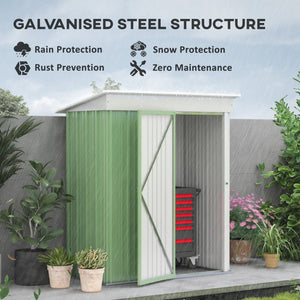 Steel garden shed with adjustable shelf, lock and gloves, green