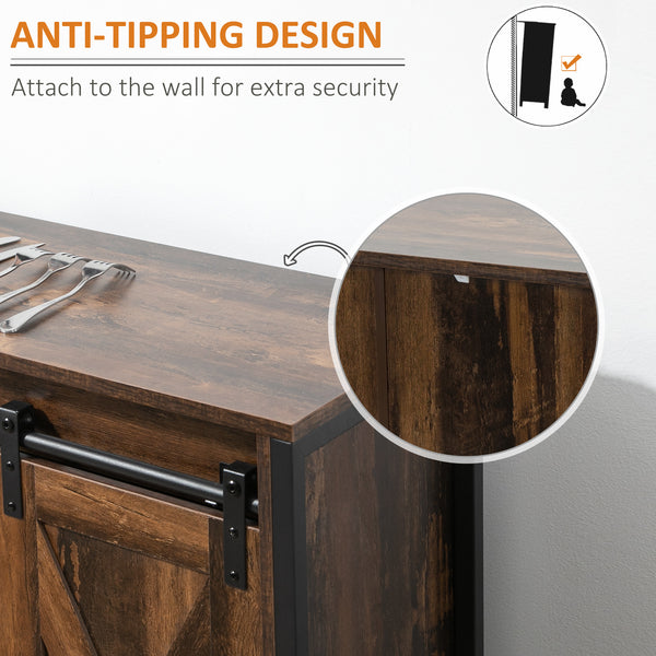 Industrial buffet with sliding barn doors, three drawers, and adjustable shelves, rustic brown