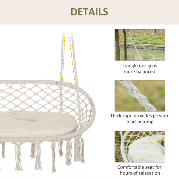 Patio Hammock Chair 2 Seat, Hanging Rope Hammock Swing Chair with Metal Frame and Cushion, Large Macrame Seat for Indoor and Outdoor 396 lbs Capacity, Cream White
