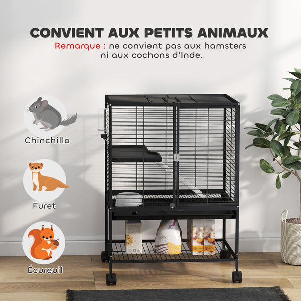 Rolling Cage for Small Animals with Removable Tray and Storage Shelf, Black