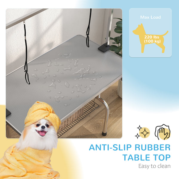 Adjustable Pet Grooming Table with 2 Safety Straps and Storage Basket, Gray