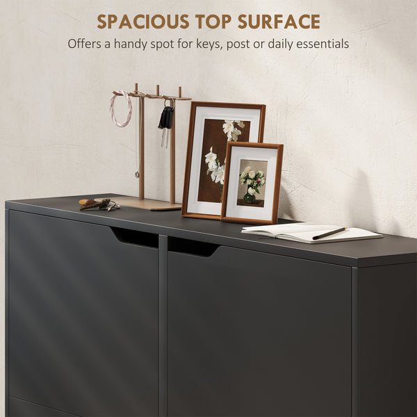 Narrow shoe cabinet for 16 pairs of shoes with 4 hinged drawers and adjustable shelves, black