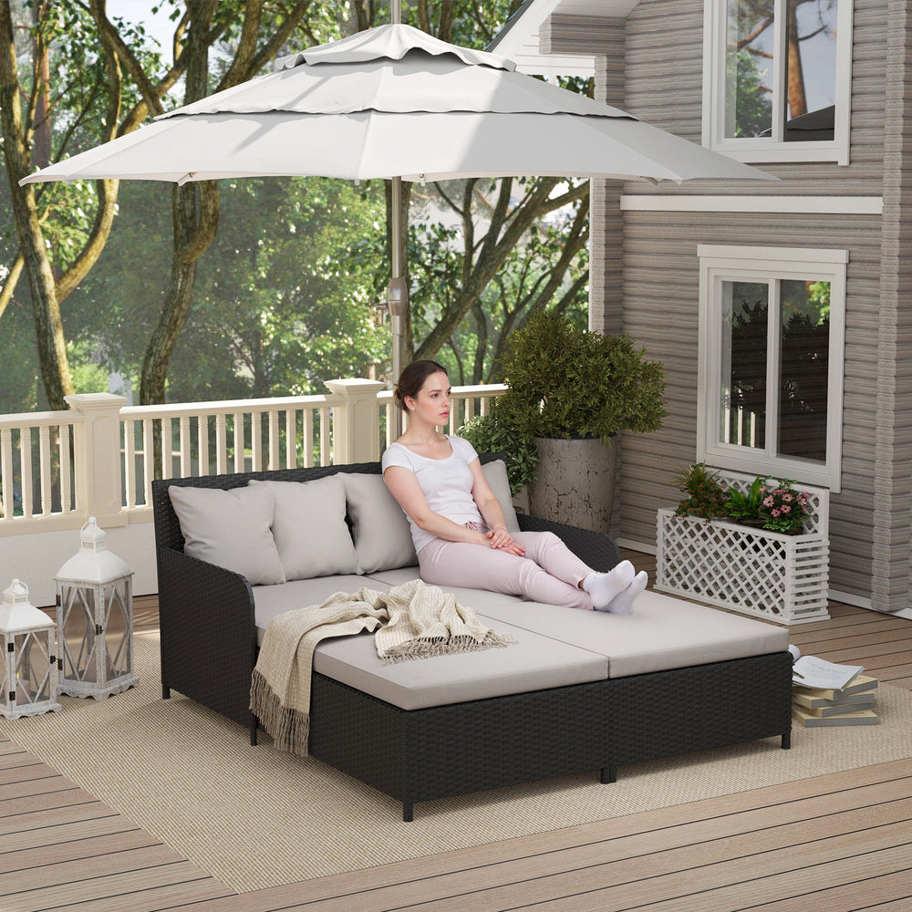 Outdoor rattan sun lounger with soft cushions, 4 pillows, curved backrest and armrests, light grey
