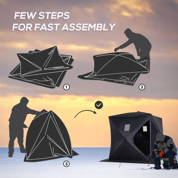 Ice fishing shelter for 2 people, foldable and collapsible, with carry bag, black