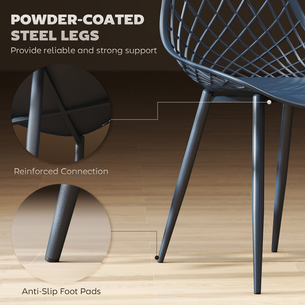 Set of 4 plastic chairs with hollow backrest and metal legs, blue