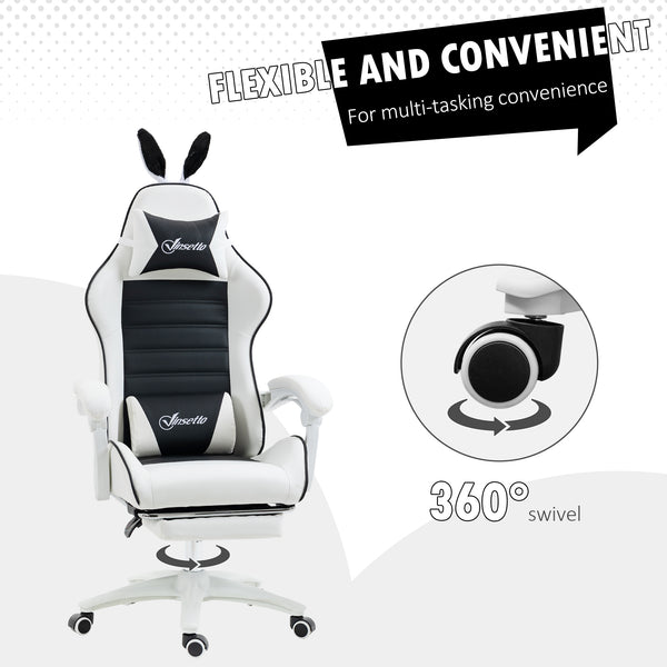 PU leather gaming chair with footrest, headrest and lumbar support, white and black