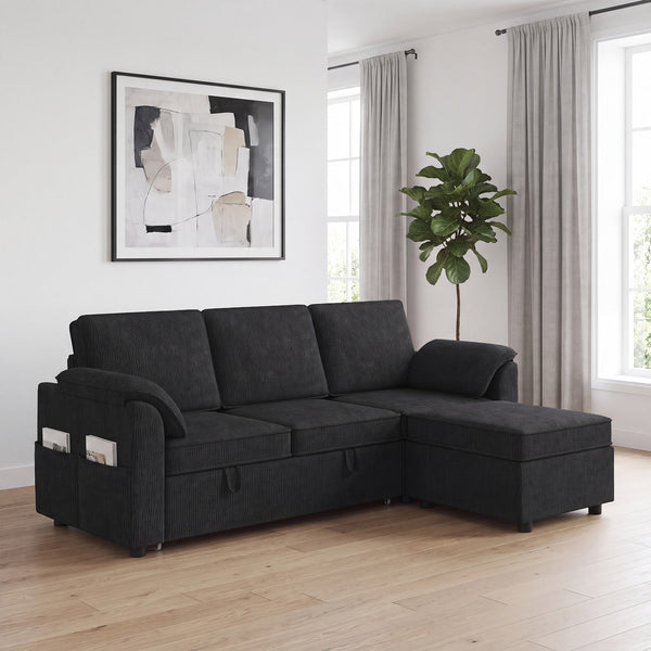 Reversible Sectional Sleeper Sofa with Storage, Black