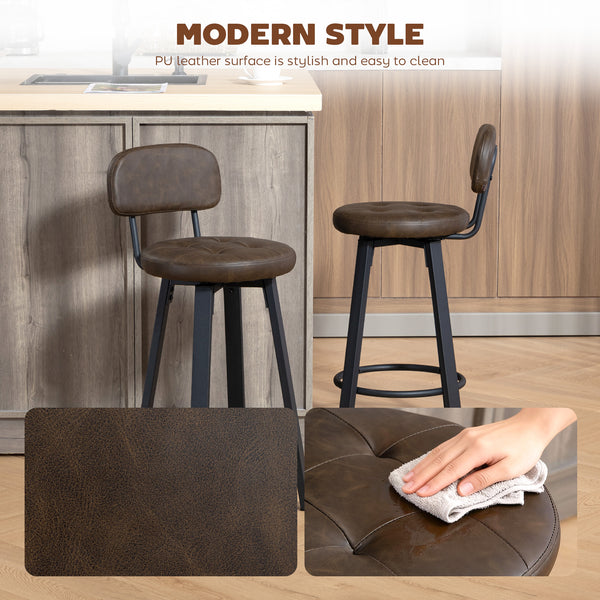 Set of 2 Upholstered Bar Stools with Footrests and Backrests for Kitchen Counter, Brown