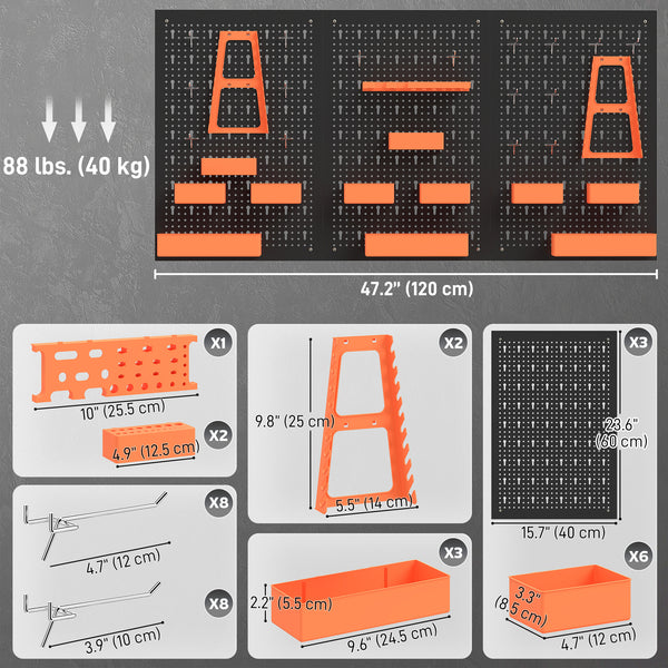 Wall-mounted tool organizer with 3 panels, 9 bins, 5 holders, and 16 hooks – Black and orange