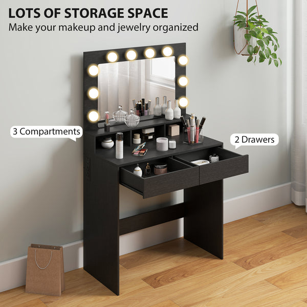 Dressing table with LED lighting mirror, charging station and drawers, black