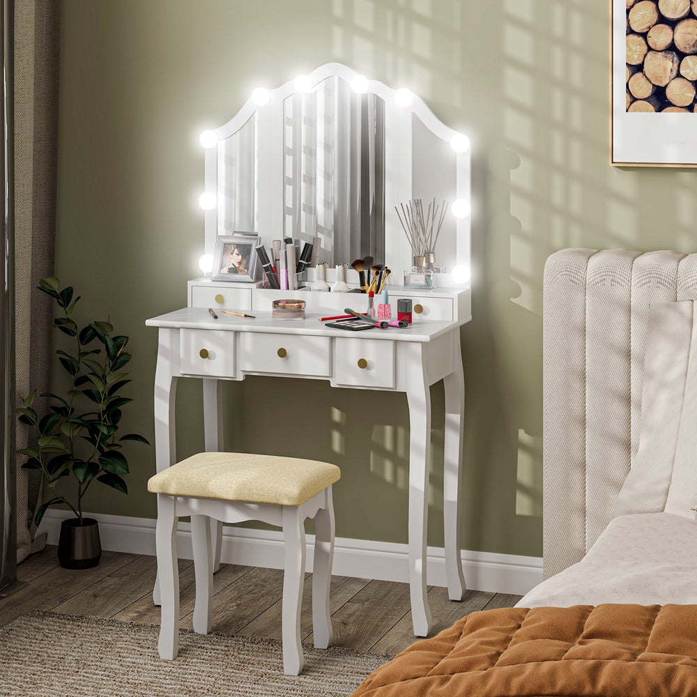 Dressing table with stool, 10 LED lights, 5 drawers and 3 compartments, white