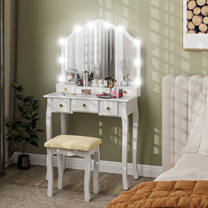Dressing table with stool, 10 LED lights, 5 drawers and 3 compartments, white