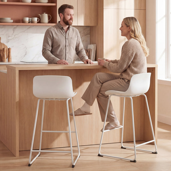 Set of 2 modern faux leather bar stools, counter height, white.