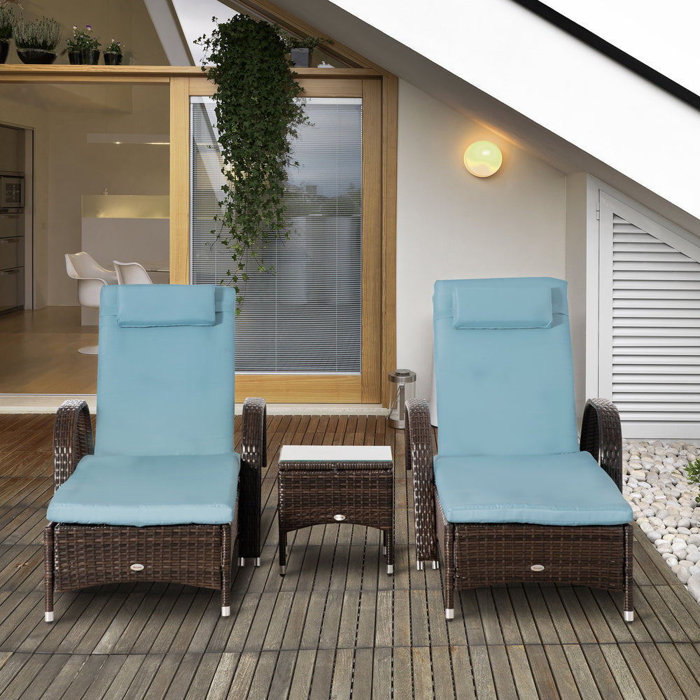 3-piece resin wicker garden set with table and 2 sun loungers