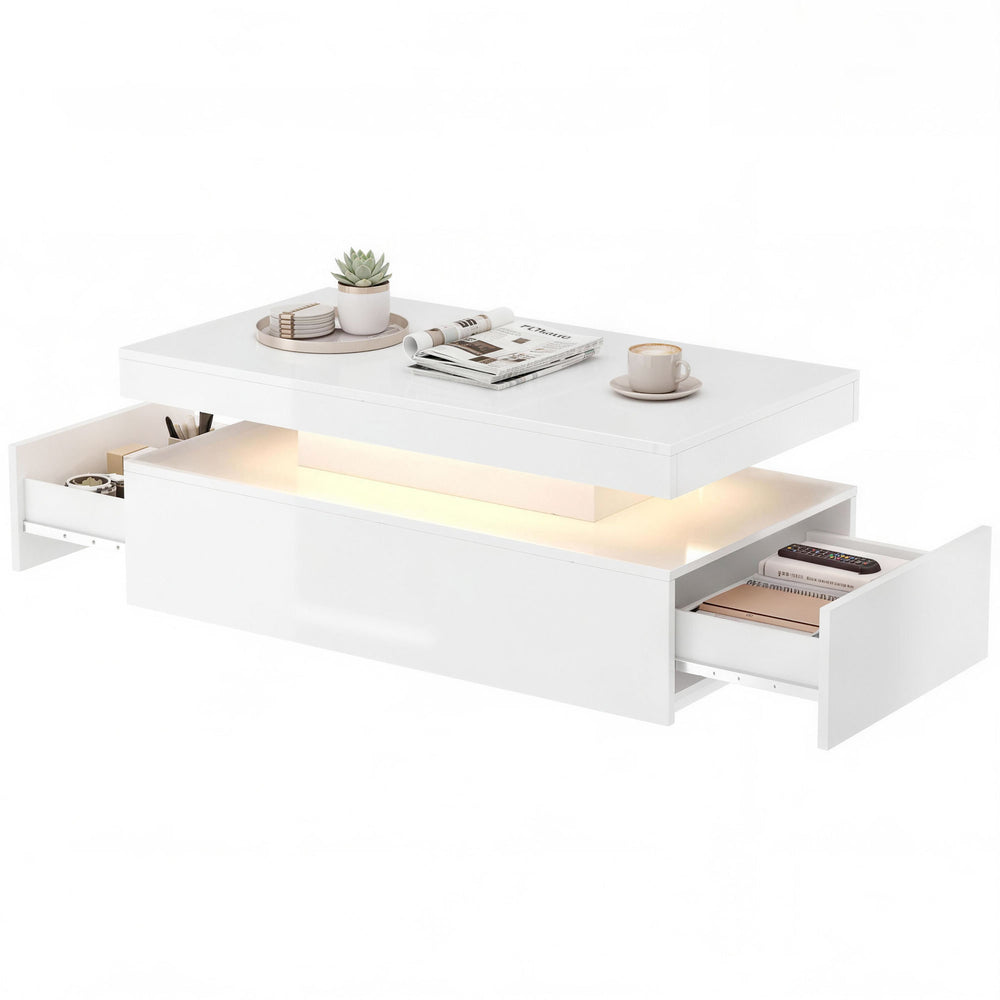 High-gloss white 2-tier 2-drawer coffee table with storage for living room