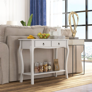 Modern entryway console table with 2 drawers and lower shelf, ivory white