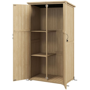 Wooden garden shed with waterproof asphalt roof and lockable doors, natural color