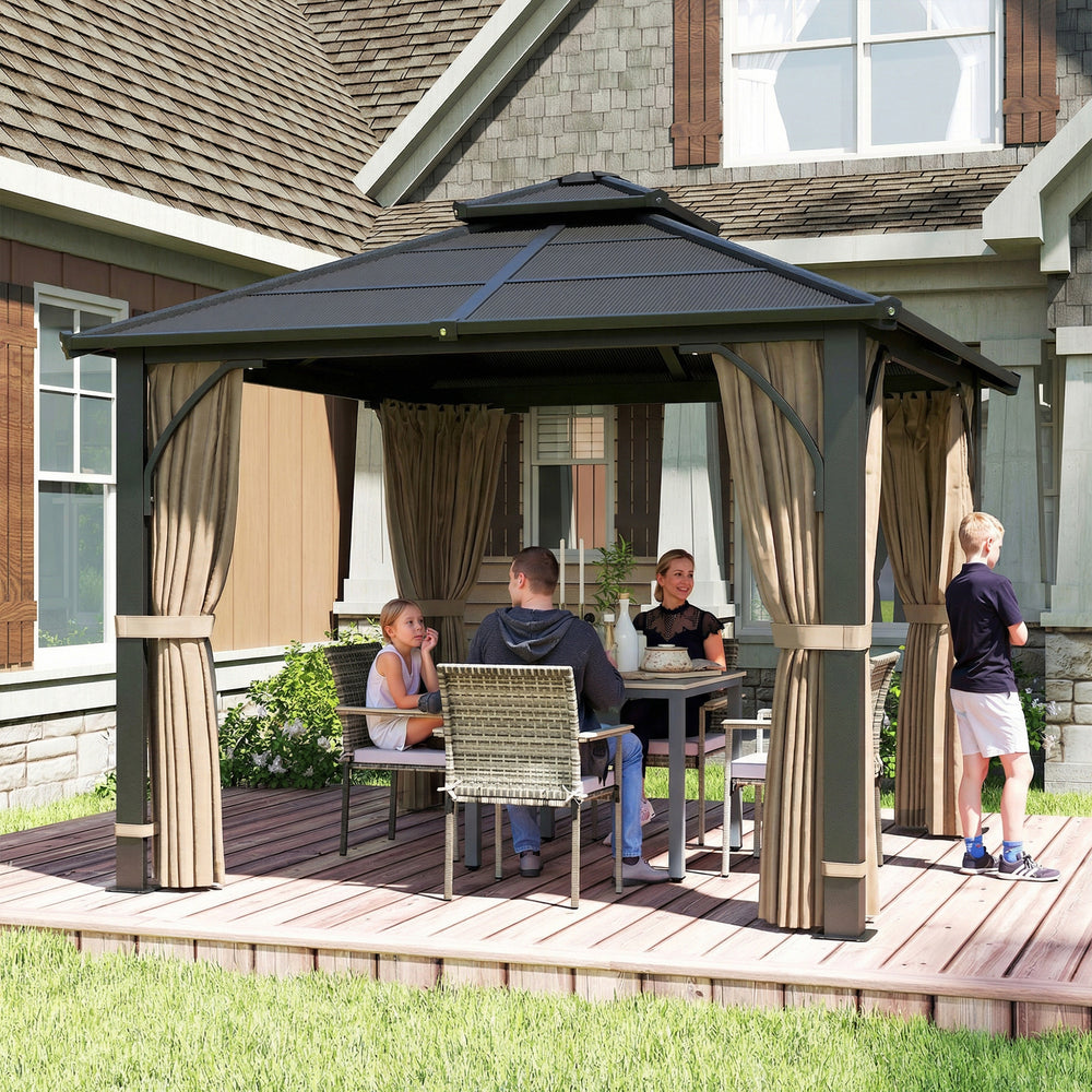 10' x 10' rigid gazebo with double polycarbonate roof, mosquito netting, and curtains, khaki 