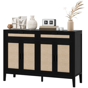 Bohemian style buffet with decorative rattan doors and drawers, black.
