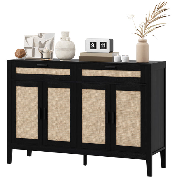 Bohemian style buffet with decorative rattan doors and drawers, black.