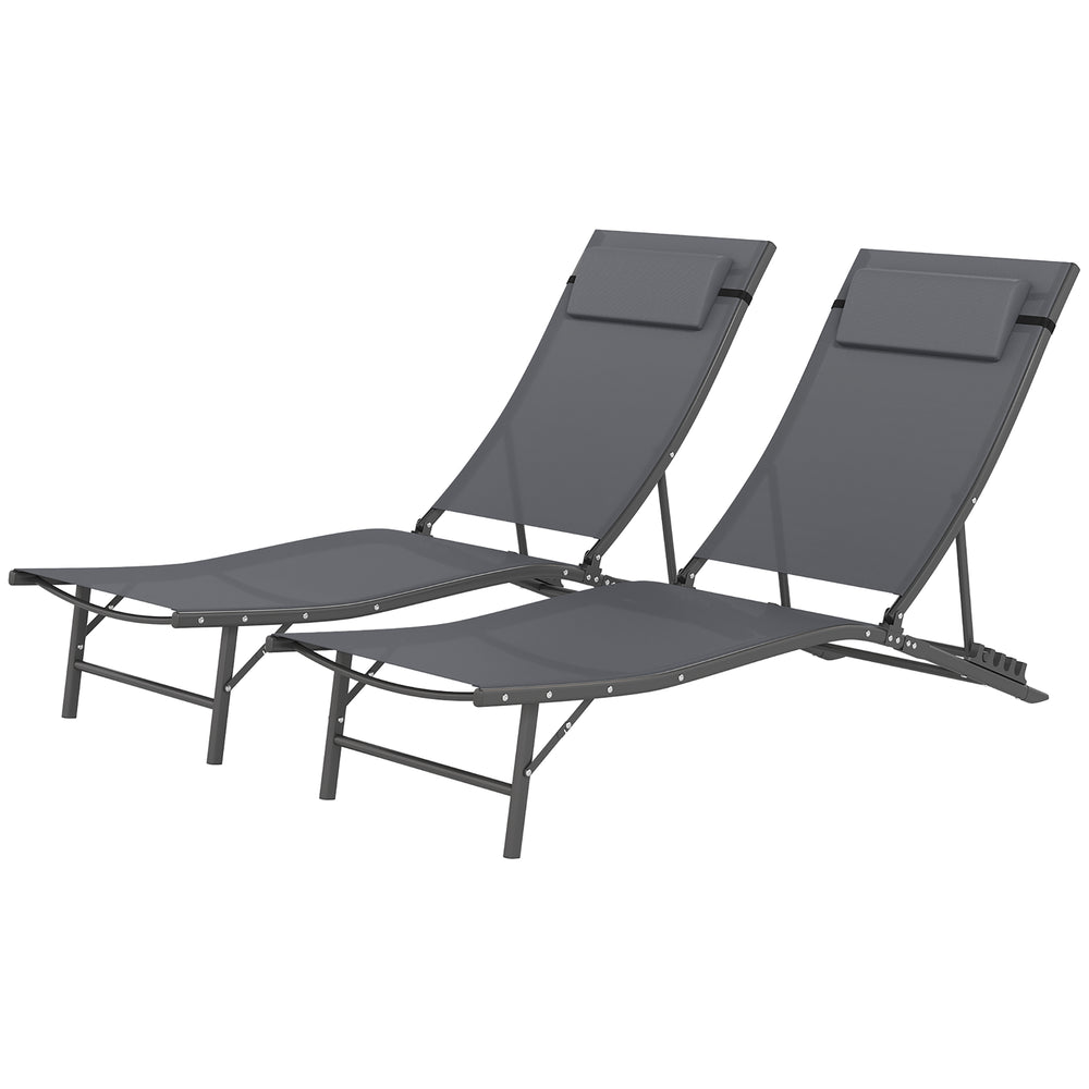 Set of 2 Outdoor Folding Lounge Chairs with Adjustable Backrest, Headrest and Mesh Seat for Beach and Pool, Grey