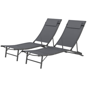 Set of 2 Outdoor Folding Lounge Chairs with Adjustable Backrest, Headrest and Mesh Seat for Beach and Pool, Grey
