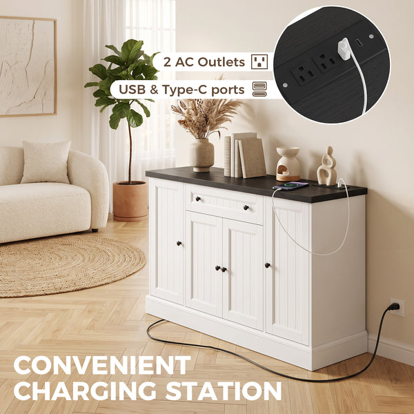 Storage buffet with charging station, 3 cabinets and adjustable shelves, white