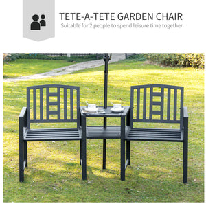 2-seater metal garden bench with central table, black