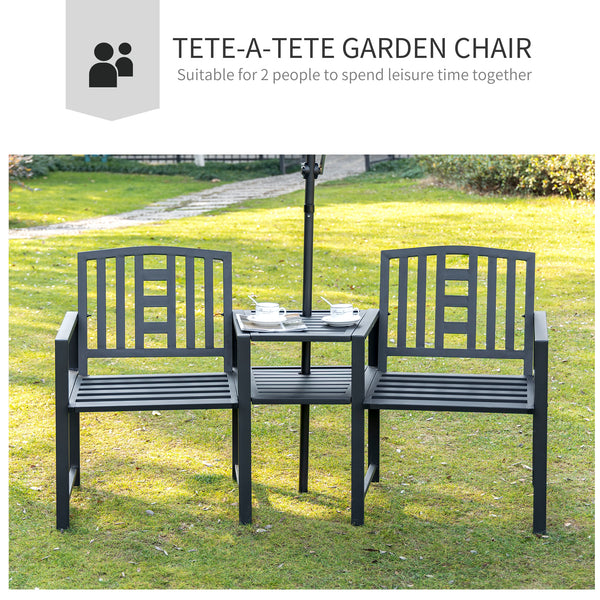 2-seater metal garden bench with central table, black