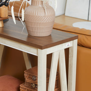 Narrow country-style console table with storage shelf, oak color