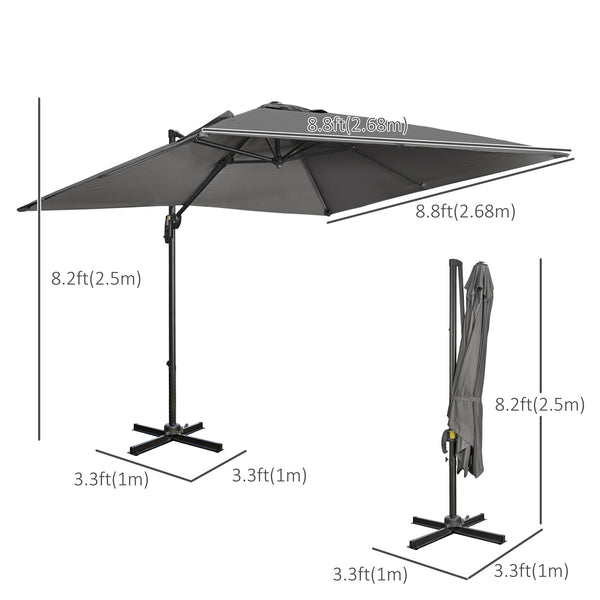 9ft Cantilever Patio Umbrella, Square Overhanging Umbrella with Cross Base, Crank Handle, Tilt, 360° Rotation and Aluminum Frame, Dark Gray