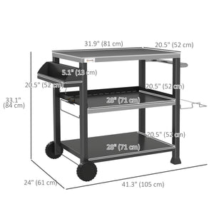 3-Shelf Outdoor Grill Cart Table with Side Handle, Stainless Steel Pizza Oven Stand on Wheels, Black