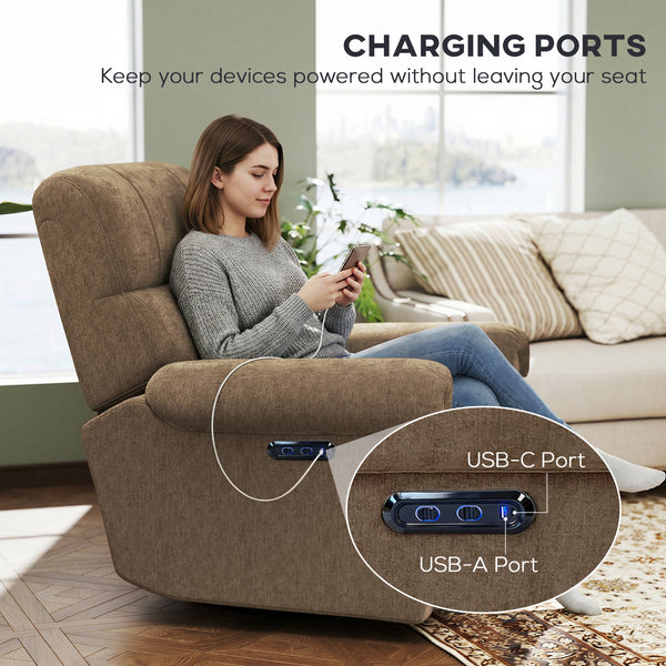 Electric reclining chair, upholstered in fabric, with USB ports, swivel and rocking function, and footrest.