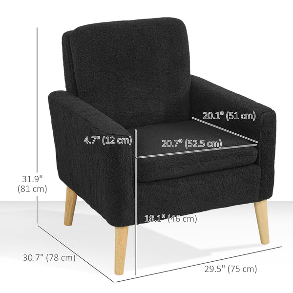 Fabric accent chair with wooden legs and wide padded seat, black