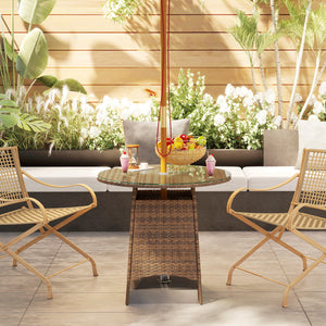 Round garden table with parasol hole and tempered glass top, brown