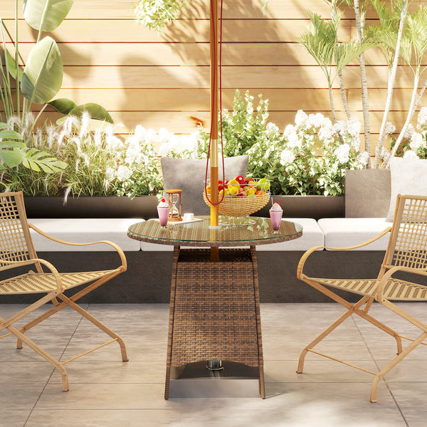 Round garden table with parasol hole and tempered glass top, brown