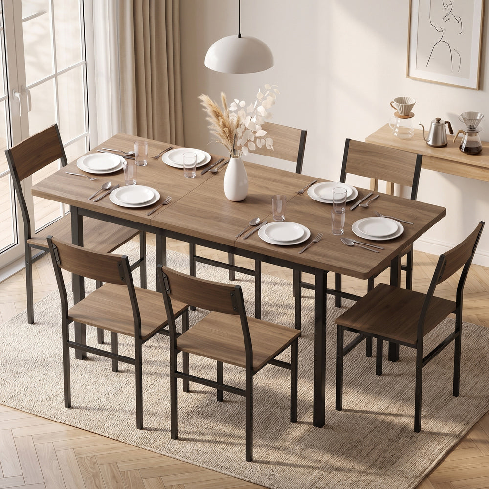 Extendable table with 6 chairs, brown and black wood effect