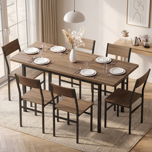 Extendable table with 6 chairs, brown and black wood effect