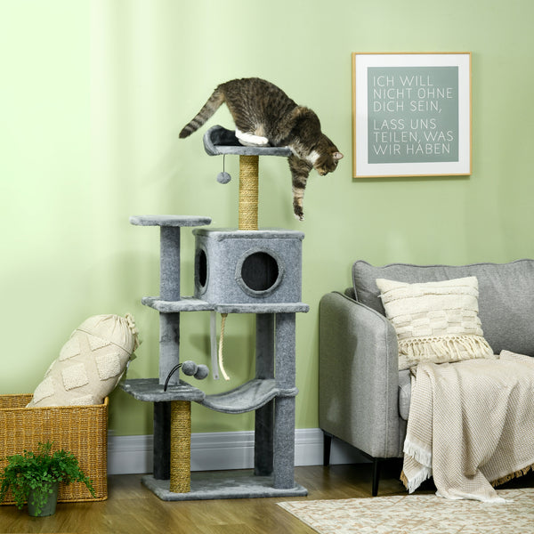 54" Cat Tree with Hammock, Scratching Post, Hideaway and Play Balls, Grey